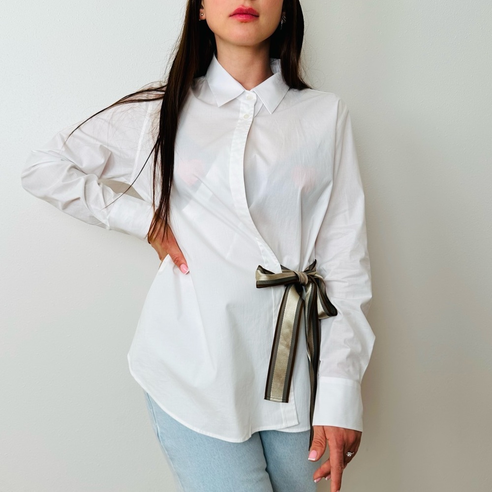 Marella sport long sleeve wrap poplin blouse shirt tie waist